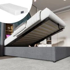 Lit Coffre 90x200 cm - Lit Coffre Capitonné Simple avec Wireless Charging et USB C, Coton Gris, Matelas Inclus>Okwish Discount