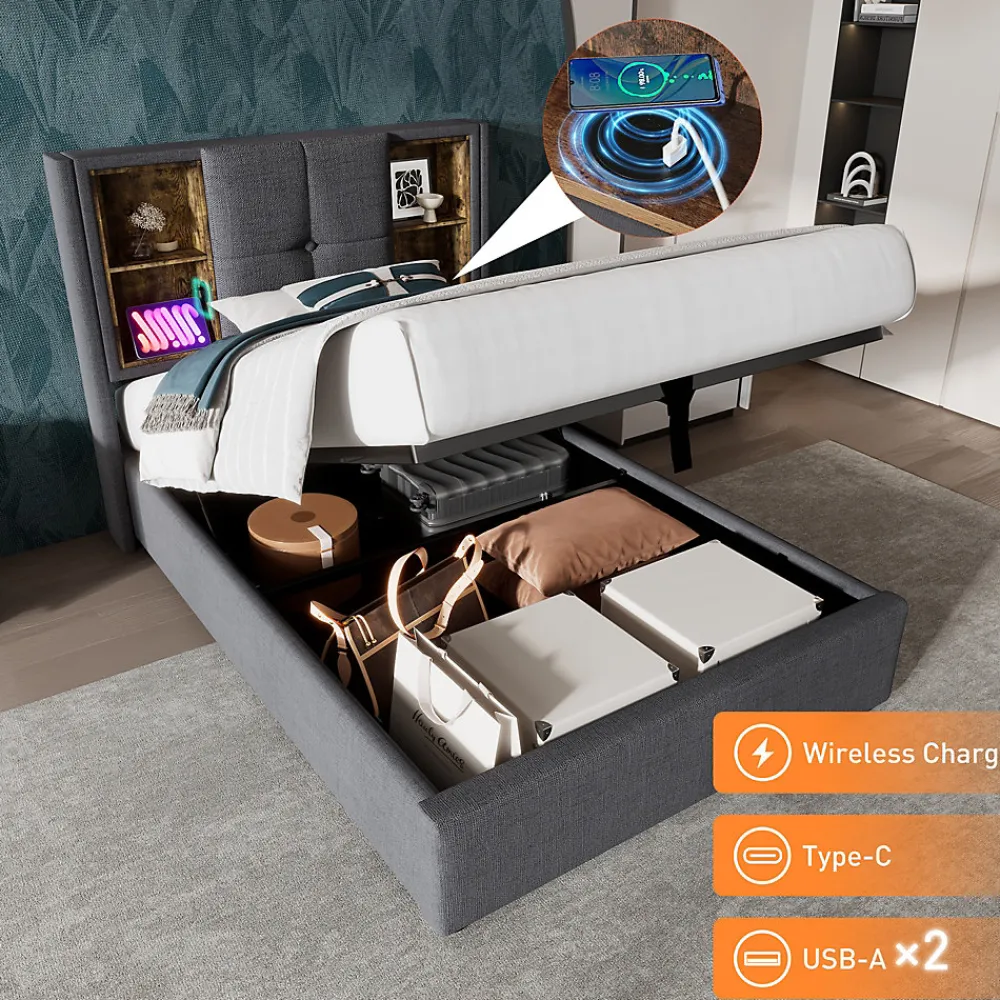 Lit Coffre 90x200 cm - Lit Coffre Capitonné Simple avec Wireless Charging et USB C, Coton Gris, Matelas Inclus>Okwish Discount