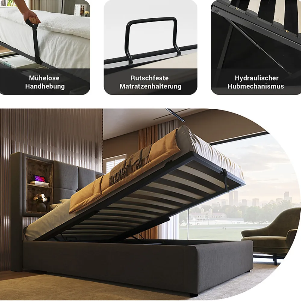 Lit Coffre 90x200 cm - Lit Coffre Capitonné Simple avec Wireless Charging et USB C, Coton Gris, Matelas Inclus>Okwish Discount