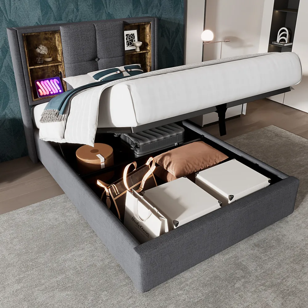 Lit Coffre 90x200 cm - Lit Coffre Capitonné Simple avec Wireless Charging et USB C, Coton Gris, Matelas Inclus>Okwish Discount
