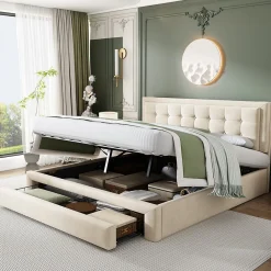 Lit coffre 160x200 cm - Lit coffre hydraulique avec 2 tiroirs et sommier à lattes - Velours - Sans Matelas - Beige>Okwish Best