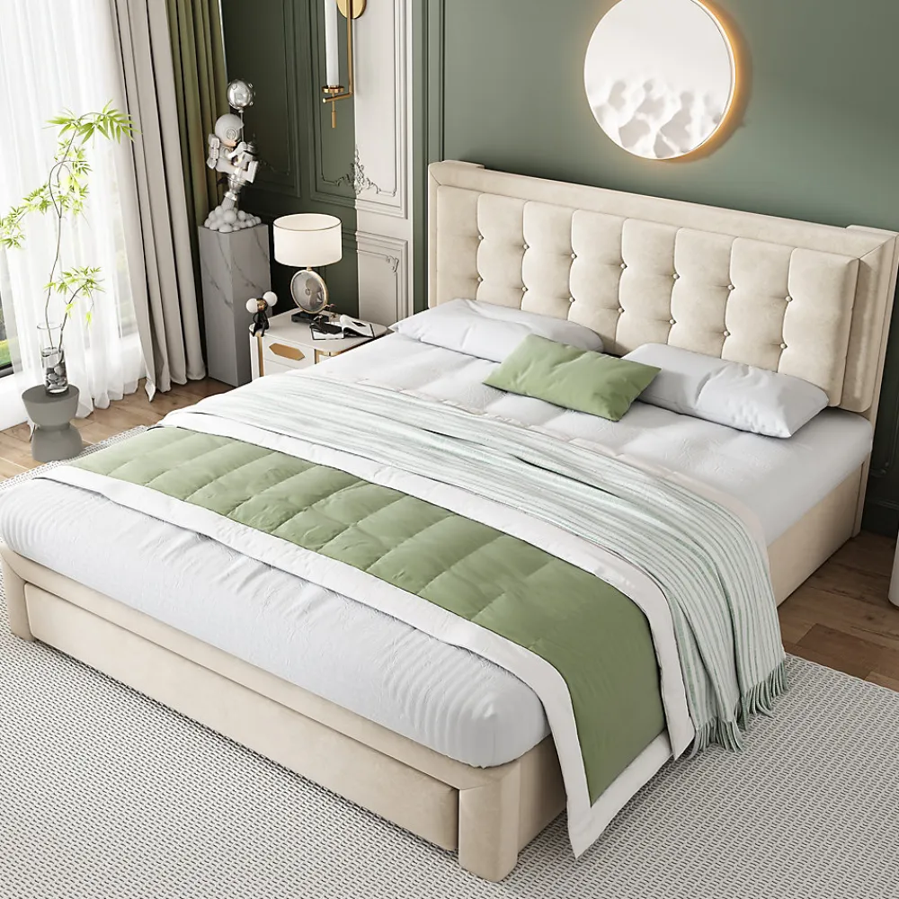 Lit coffre 160x200 cm - Lit coffre hydraulique avec 2 tiroirs et sommier à lattes - Velours - Sans Matelas - Beige>Okwish Best