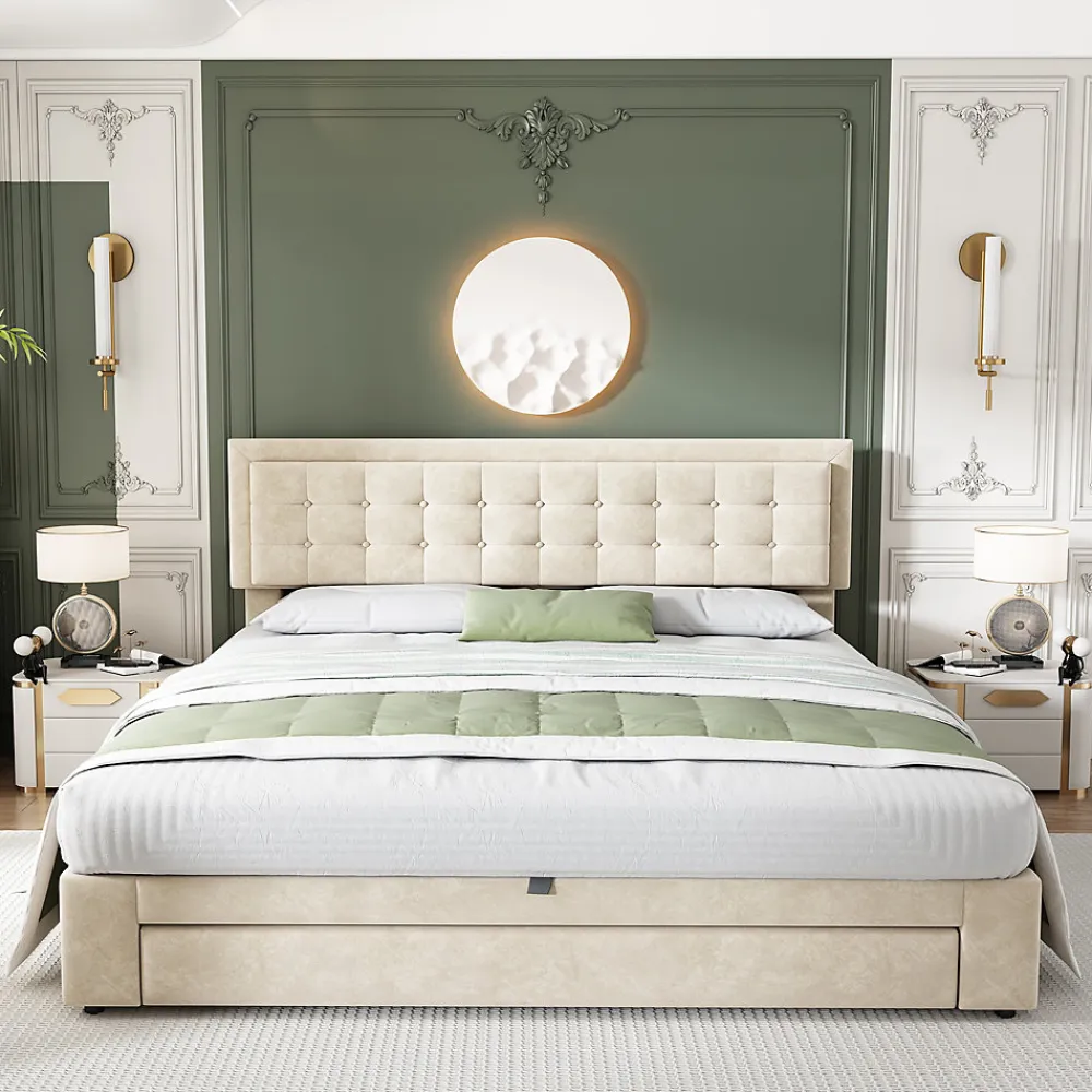 Lit coffre 160x200 cm - Lit coffre hydraulique avec 2 tiroirs et sommier à lattes - Velours - Sans Matelas - Beige>Okwish Best