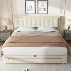 Lit coffre 160x200 cm - Lit coffre hydraulique avec 2 tiroirs et sommier à lattes - Velours - Sans Matelas - Beige><noscript><img width=