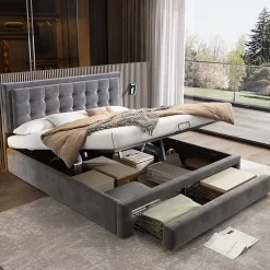 Lit coffre 160x200 cm - Lit coffre hydraulique avec 2 tiroirs et sommier à lattes en bois - Velours - Sans Matelas - Gris>Generique Online