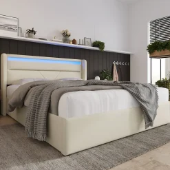 Lit Coffre 140x200 cm - Lit Coffre Capitonné Double avec Coffre Hydraulique et Tête de Lit LED, PU Blanc, Matelas Inclus>Okwish Clearance