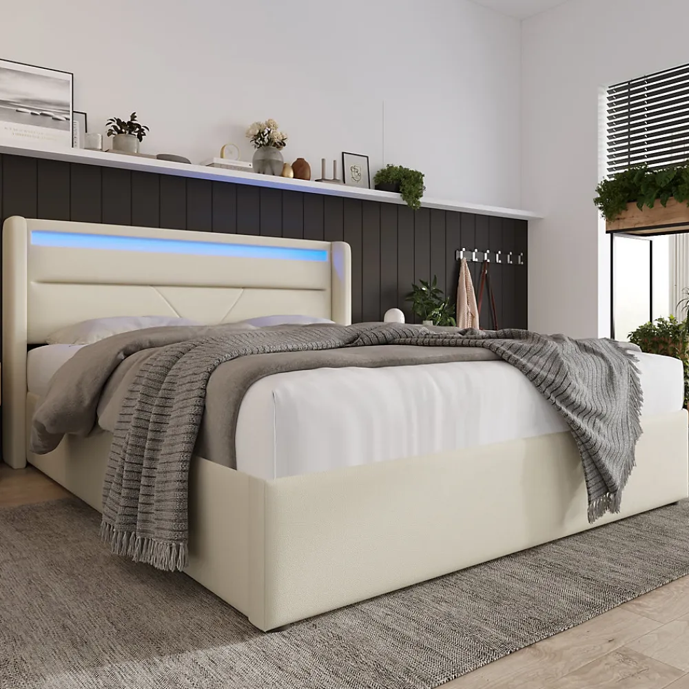 Lit Coffre 140x200 cm - Lit Coffre Capitonné Double avec Coffre Hydraulique et Tête de Lit LED, PU Blanc, Matelas Inclus>Okwish Clearance