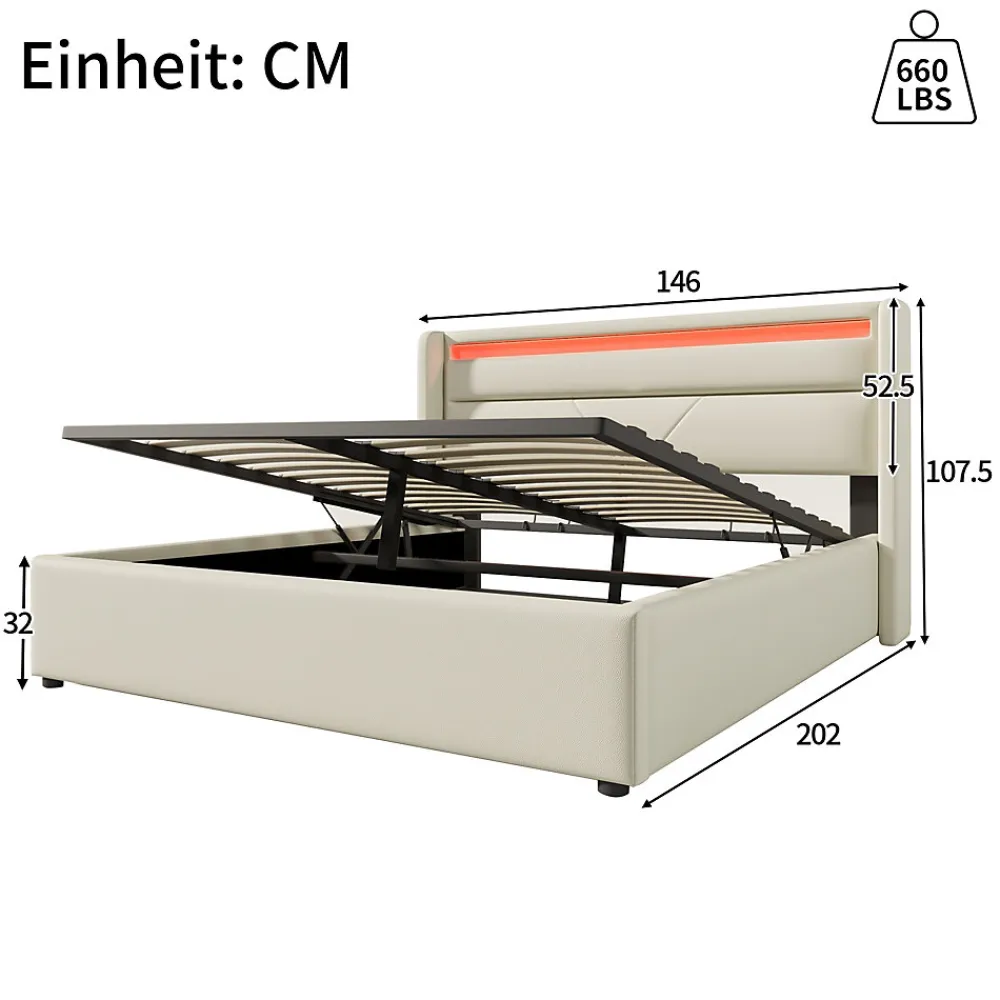 Lit Coffre 140x200 cm - Lit Coffre Capitonné Double avec Coffre Hydraulique et Tête de Lit LED, PU Blanc, Matelas Inclus>Okwish Clearance