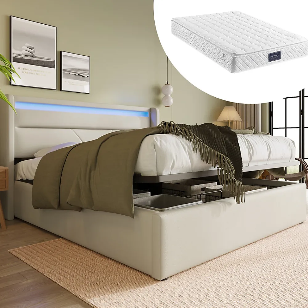 Lit Coffre 140x200 cm - Lit Coffre Capitonné Double avec Coffre Hydraulique et Tête de Lit LED, PU Blanc, Matelas Inclus>Okwish Clearance