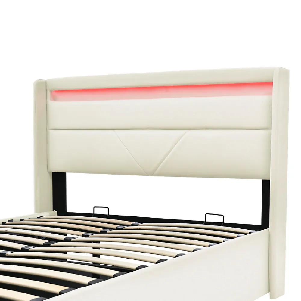 Lit Coffre 140x200 cm - Lit Coffre Capitonné Double avec Coffre Hydraulique et Tête de Lit LED, PU Blanc, Matelas Inclus>Okwish Clearance