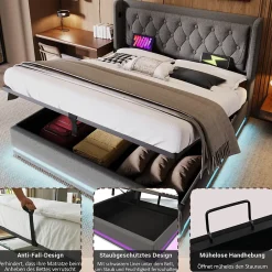 Generique Lit coffre 180x200 cm - Lit coffre hydraulique avec USB Type-C - Coton - Sans Matelas - Gris* Lit Coffre