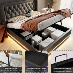 Generique Lit coffre 160x200 cm - Lit coffre hydraulique avec USB Type-C et LED - PU - Sans Matelas - Noir* Lit Coffre