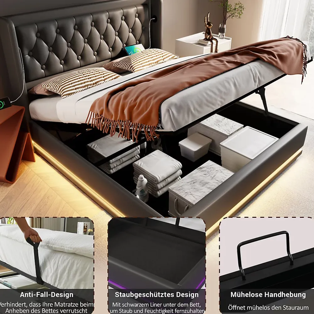 Generique Lit coffre 160x200 cm - Lit coffre hydraulique avec USB Type-C et LED - PU - Sans Matelas - Noir* Lit Coffre