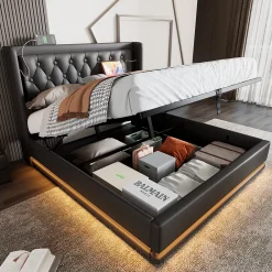 Generique Lit coffre 160x200 cm - Lit coffre hydraulique avec USB Type-C et LED - PU - Sans Matelas - Noir* Lit Coffre