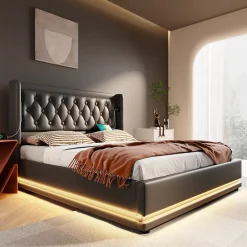 Generique Lit coffre 160x200 cm - Lit coffre hydraulique avec USB Type-C et LED - PU - Sans Matelas - Noir* Lit Coffre