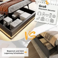 Generique Lit coffre 160x200 cm - Lit coffre hydraulique avec USB Type-C et LED - PU - Sans Matelas - Noir* Lit Coffre