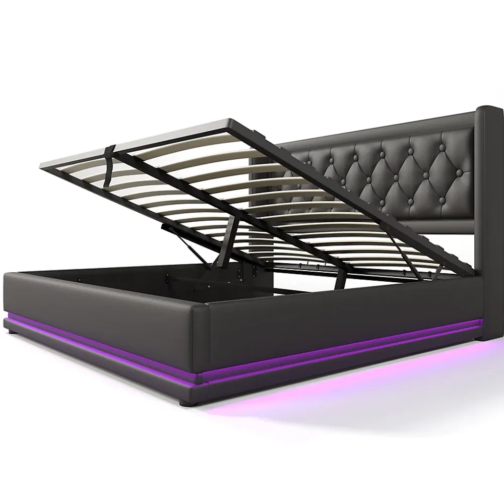 Generique Lit coffre 160x200 cm - Lit coffre hydraulique avec USB Type-C et LED - PU - Sans Matelas - Noir* Lit Coffre