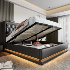 Generique Lit coffre 160x200 cm - Lit coffre hydraulique avec USB Type-C et LED - PU - Sans Matelas - Noir* Lit Coffre