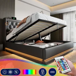 Generique Lit coffre 160x200 cm - Lit coffre hydraulique avec USB Type-C et LED - PU - Sans Matelas - Noir* Lit Coffre