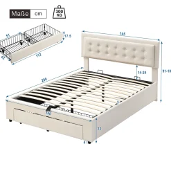 Generique Lit coffre 140x200 cm - Lit coffre hydraulique avec 2 tiroirs et sommier à lattes - Velours - Sans Matelas - Beige* Lit Coffre
