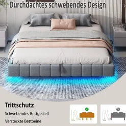 Okwish Lit Coffre 180x200 cm - Lit Double avec Rangement, Sommier Relevable, Bande LED Intégrée - Tissu Gris - Sans Matelas* Lit Coffre