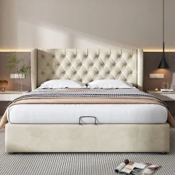 Okwish Lit coffre 160x200 cm - Lit double avec sommier à lattes et coffre hydraulique - Velours - Sans Matelas - Beige* Lit Coffre