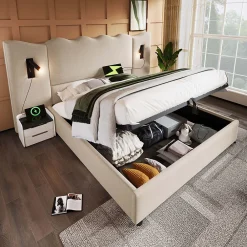 Lit Coffre 180x200 cm - Lit Double Capitonné avec Lampe de Lecture et Charge USB Type-C - Lin Beige - Sans Matelas>Generique Outlet
