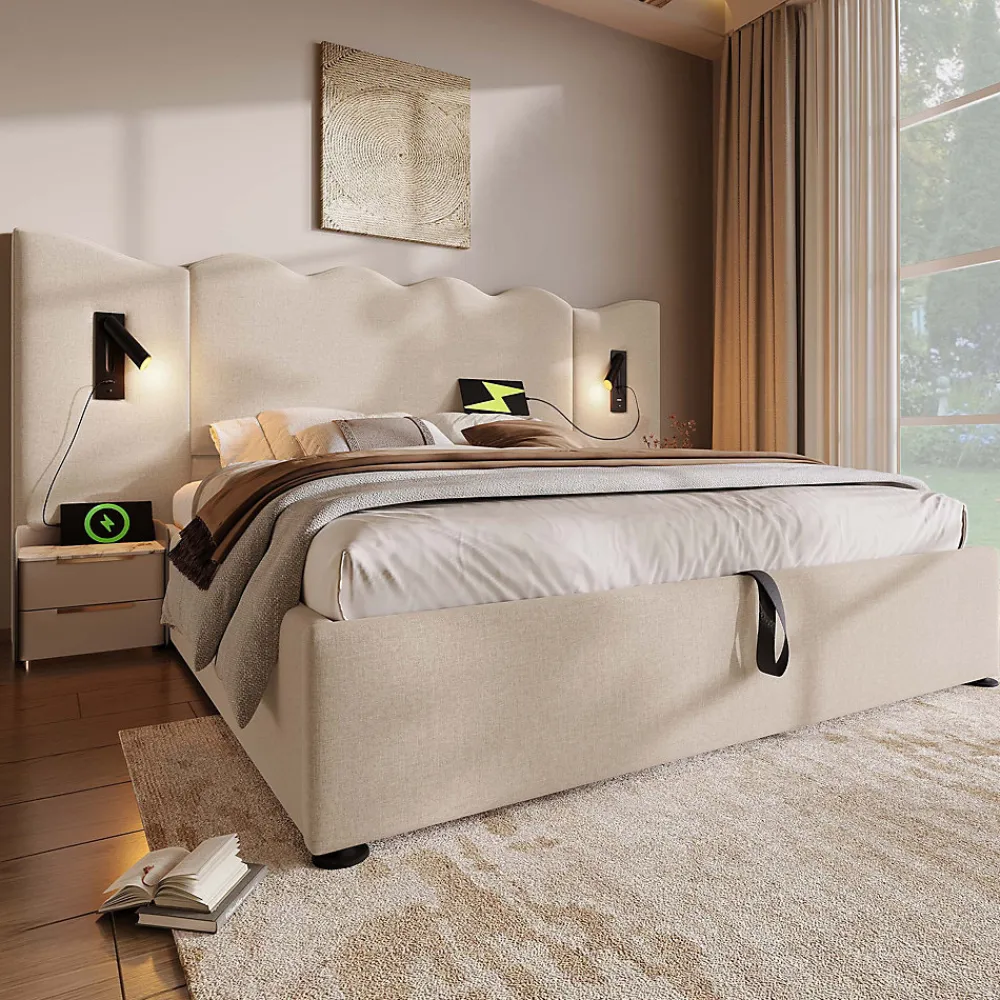 Lit Coffre 180x200 cm - Lit Double Capitonné avec Lampe de Lecture et Charge USB Type-C - Lin Beige - Sans Matelas>Generique Outlet