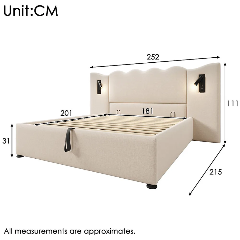 Lit Coffre 180x200 cm - Lit Double Capitonné avec Lampe de Lecture et Charge USB Type-C - Lin Beige - Sans Matelas>Generique Outlet