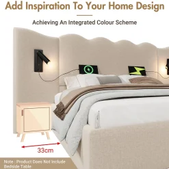 Lit Coffre 180x200 cm - Lit Double Capitonné avec Lampe de Lecture et Charge USB Type-C - Lin Beige - Sans Matelas><noscript><img width=