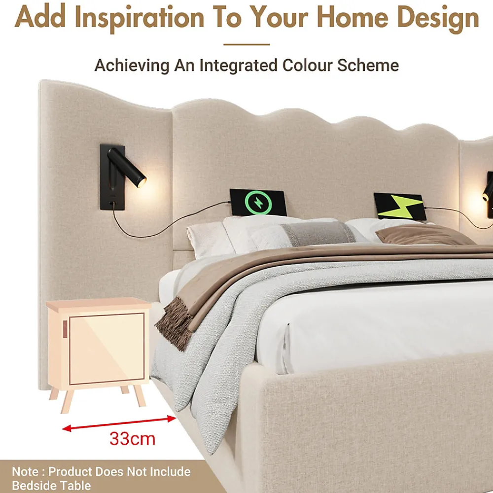 Lit Coffre 180x200 cm - Lit Double Capitonné avec Lampe de Lecture et Charge USB Type-C - Lin Beige - Sans Matelas>Generique Outlet