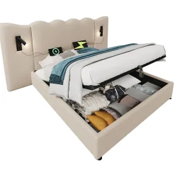 Lit Coffre 180x200 cm - Lit Double Capitonné avec Lampe de Lecture et Charge USB Type-C - Lin Beige - Sans Matelas><noscript><img width=