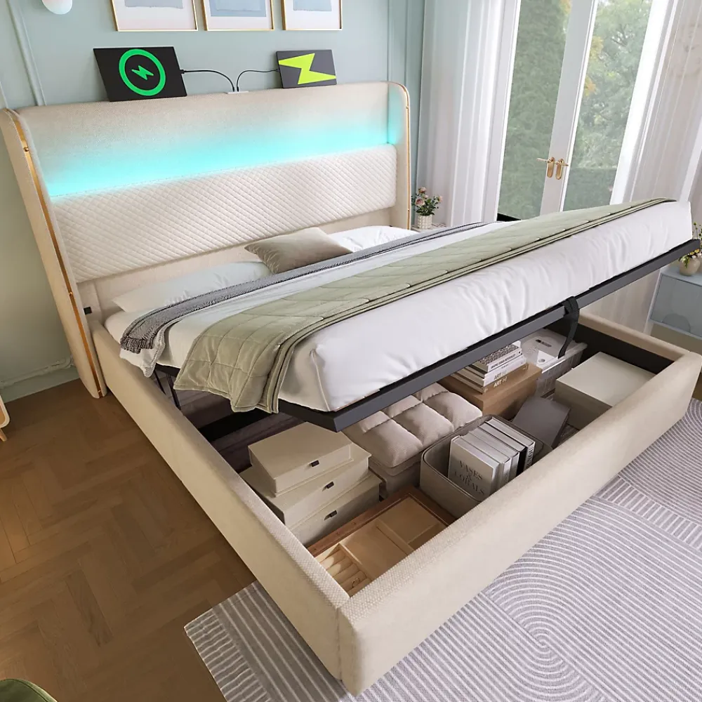 Okwish Lit Coffre 160x200 cm - Lit Double avec Sommier Relevable et Rangement - Ports USB Type-C - Tissu Lin Beige - Sans Matelas* Lit Coffre
