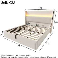 Okwish Lit Coffre 160x200 cm - Lit Double avec Sommier Relevable et Rangement - Ports USB Type-C - Tissu Lin Beige - Sans Matelas* Lit Coffre