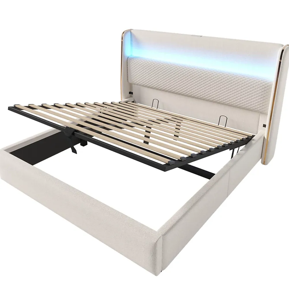 Okwish Lit Coffre 160x200 cm - Lit Double avec Sommier Relevable et Rangement - Ports USB Type-C - Tissu Lin Beige - Sans Matelas* Lit Coffre