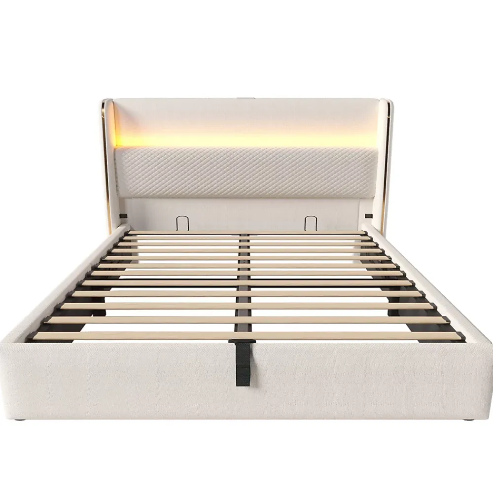 Okwish Lit Coffre 160x200 cm - Lit Double avec Sommier Relevable et Rangement - Ports USB Type-C - Tissu Lin Beige - Sans Matelas* Lit Coffre