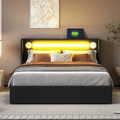 Lit Coffre 140x200 cm - Lit Double capitonné avec LED, Bluetooth et USB, Coffre en Simili Cuir Noir>Okwish New