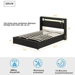 Lit Coffre 140x200 cm - Lit Double capitonné avec LED, Bluetooth et USB, Coffre en Simili Cuir Noir><noscript><img width=