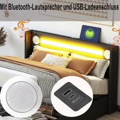 Lit Coffre 140x200 cm - Lit Double capitonné avec LED, Bluetooth et USB, Coffre en Simili Cuir Noir><noscript><img width=