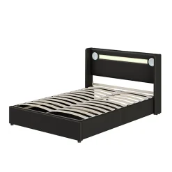 Lit Coffre 140x200 cm - Lit Double capitonné avec LED, Bluetooth et USB, Coffre en Simili Cuir Noir><noscript><img width=