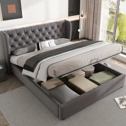 Lit coffre 140x200 cm - Lit double avec sommier à lattes et Coffre hydraulique - Capitonné Velours - Sans Matelas - Gris>Generique Online
