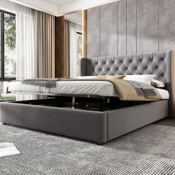 Lit coffre 140x200 cm - Lit double avec sommier à lattes et Coffre hydraulique - Capitonné Velours - Sans Matelas - Gris><noscript><img width=