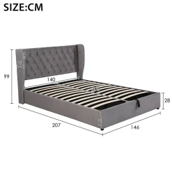 Lit coffre 140x200 cm - Lit double avec sommier à lattes et Coffre hydraulique - Capitonné Velours - Sans Matelas - Gris><noscript><img width=