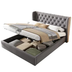 Lit coffre 140x200 cm - Lit double avec sommier à lattes et Coffre hydraulique - Capitonné Velours - Sans Matelas - Gris><noscript><img width=