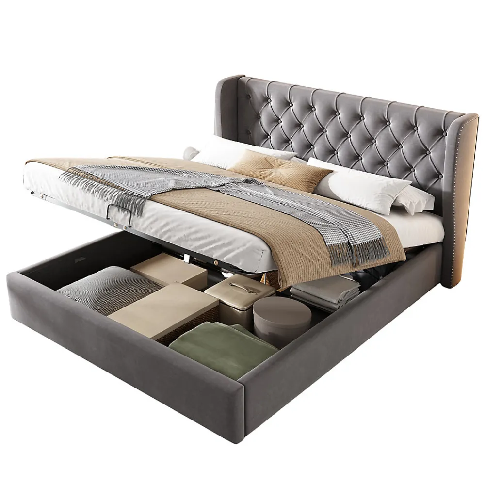 Lit coffre 140x200 cm - Lit double avec sommier à lattes et Coffre hydraulique - Capitonné Velours - Sans Matelas - Gris>Generique Online