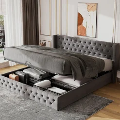Okwish Lit Coffre 180x200 cm - Lit Double Capitonné avec Rangement Hydraulique, Velours, Sans Matelas, Gris* Lit Coffre