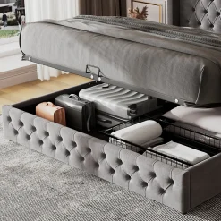 Okwish Lit Coffre 180x200 cm - Lit Double Capitonné avec Rangement Hydraulique, Velours, Sans Matelas, Gris* Lit Coffre