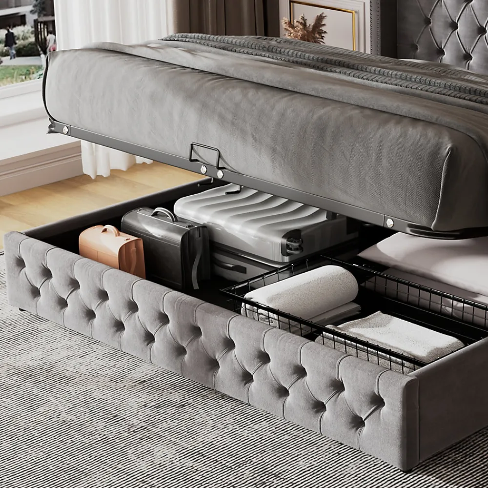 Okwish Lit Coffre 180x200 cm - Lit Double Capitonné avec Rangement Hydraulique, Velours, Sans Matelas, Gris* Lit Coffre