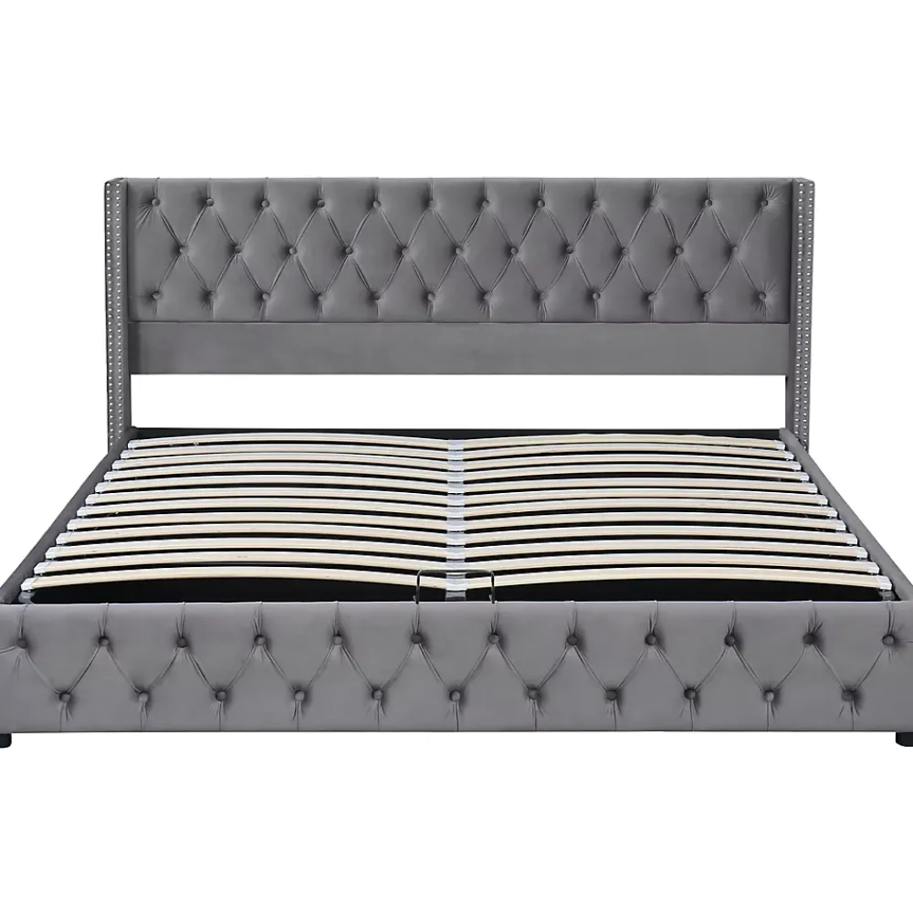Okwish Lit Coffre 180x200 cm - Lit Double Capitonné avec Rangement Hydraulique, Velours, Sans Matelas, Gris* Lit Coffre