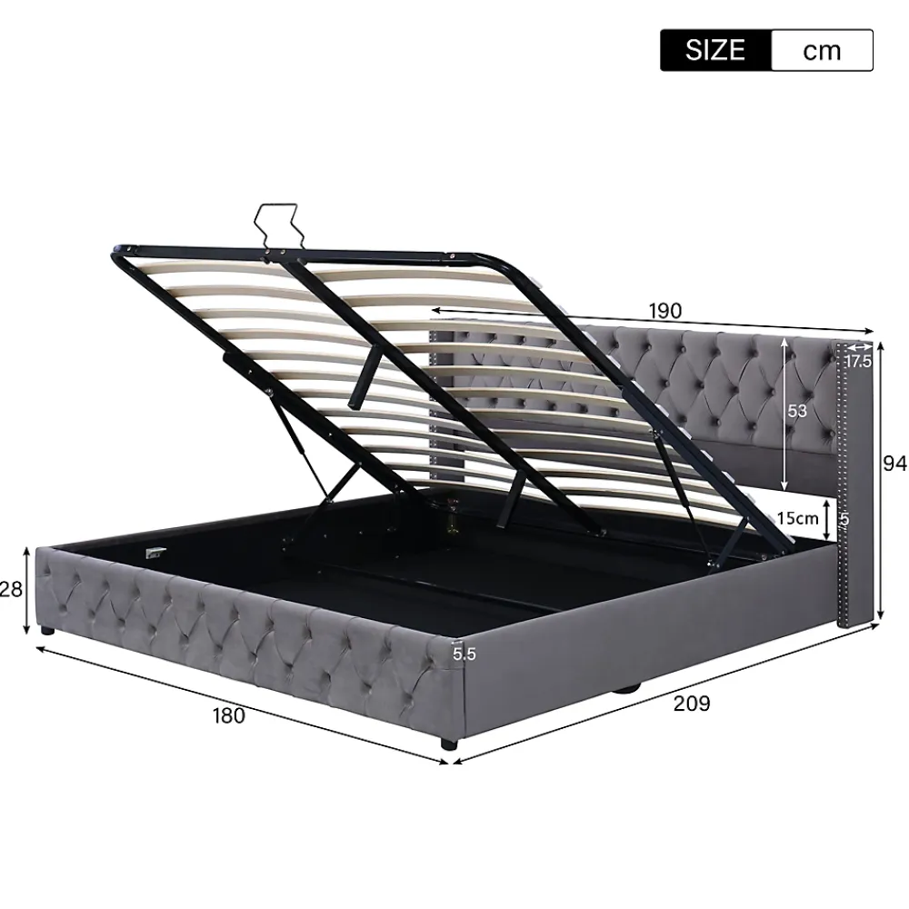 Okwish Lit Coffre 180x200 cm - Lit Double Capitonné avec Rangement Hydraulique, Velours, Sans Matelas, Gris* Lit Coffre